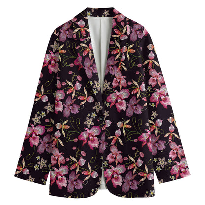Embroidery Orchid Flower Pattern Print Women's Blazer