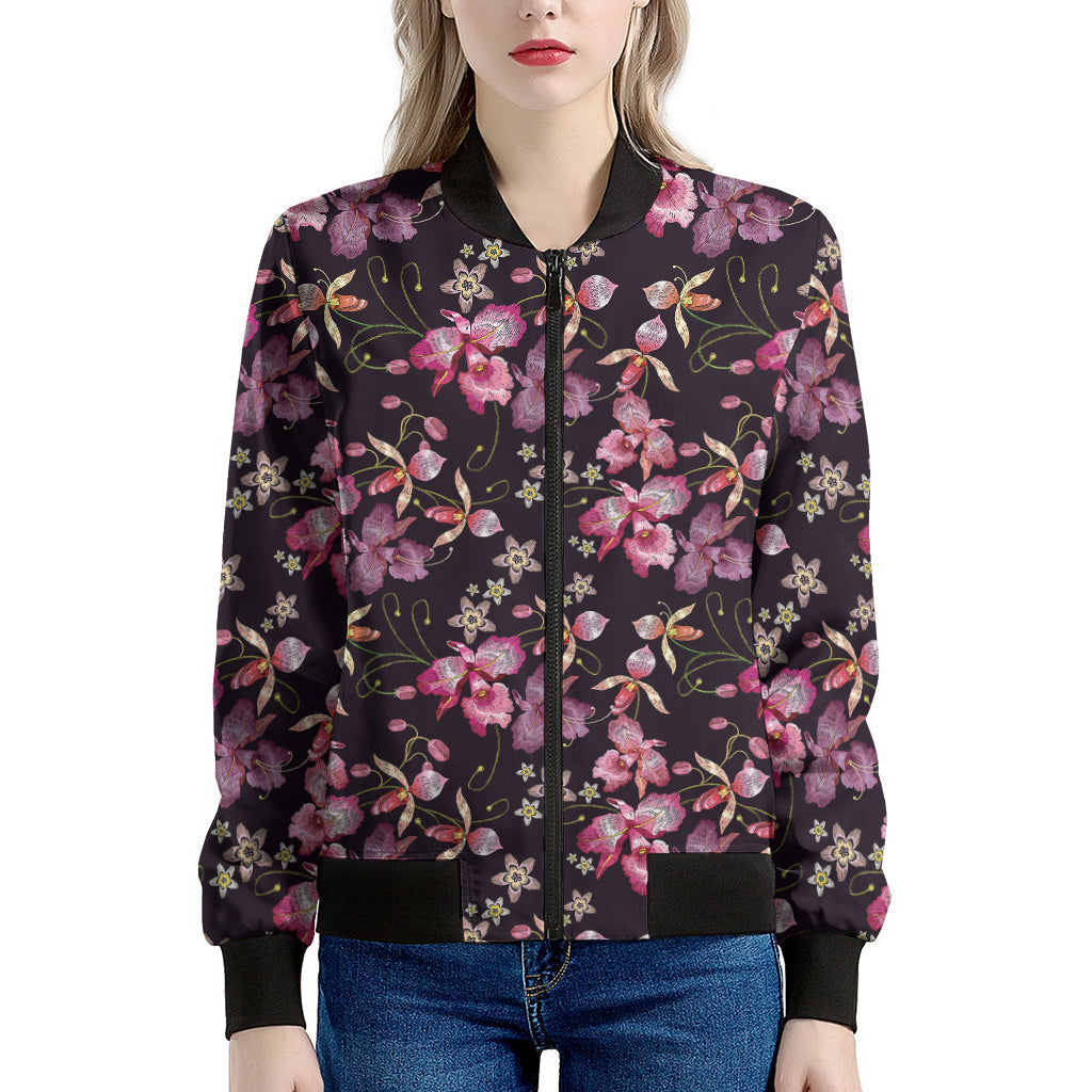 Embroidery Orchid Flower Pattern Print Women's Bomber Jacket