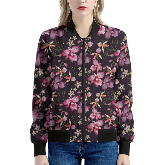 Embroidery Orchid Flower Pattern Print Women's Bomber Jacket