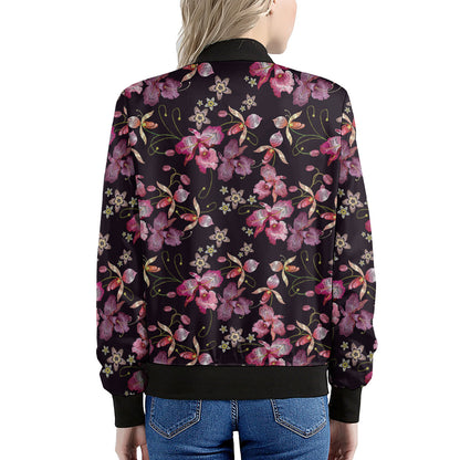 Embroidery Orchid Flower Pattern Print Women's Bomber Jacket