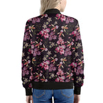 Embroidery Orchid Flower Pattern Print Women's Bomber Jacket