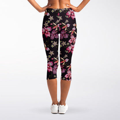 Embroidery Orchid Flower Pattern Print Women's Capri Leggings