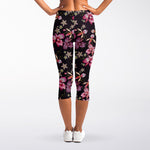 Embroidery Orchid Flower Pattern Print Women's Capri Leggings