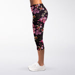 Embroidery Orchid Flower Pattern Print Women's Capri Leggings