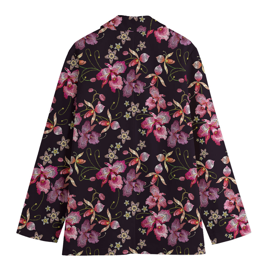 Embroidery Orchid Flower Pattern Print Women's Cotton Blazer