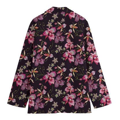 Embroidery Orchid Flower Pattern Print Women's Cotton Blazer