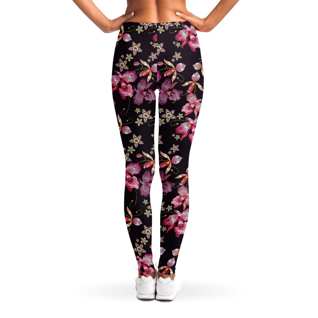 Embroidery Orchid Flower Pattern Print Women's Leggings