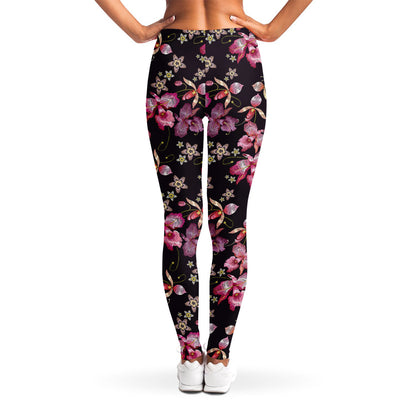 Embroidery Orchid Flower Pattern Print Women's Leggings