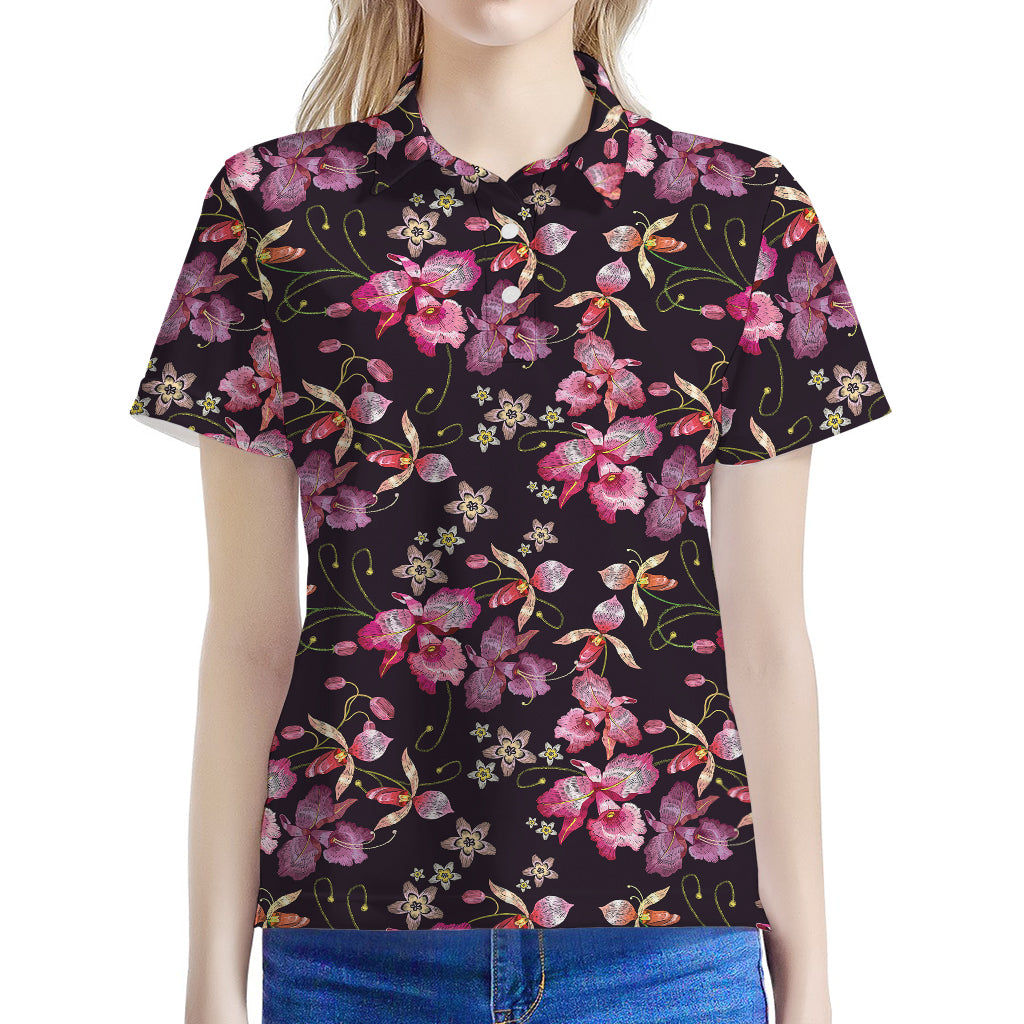 Embroidery Orchid Flower Pattern Print Women's Polo Shirt