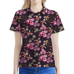 Embroidery Orchid Flower Pattern Print Women's Polo Shirt