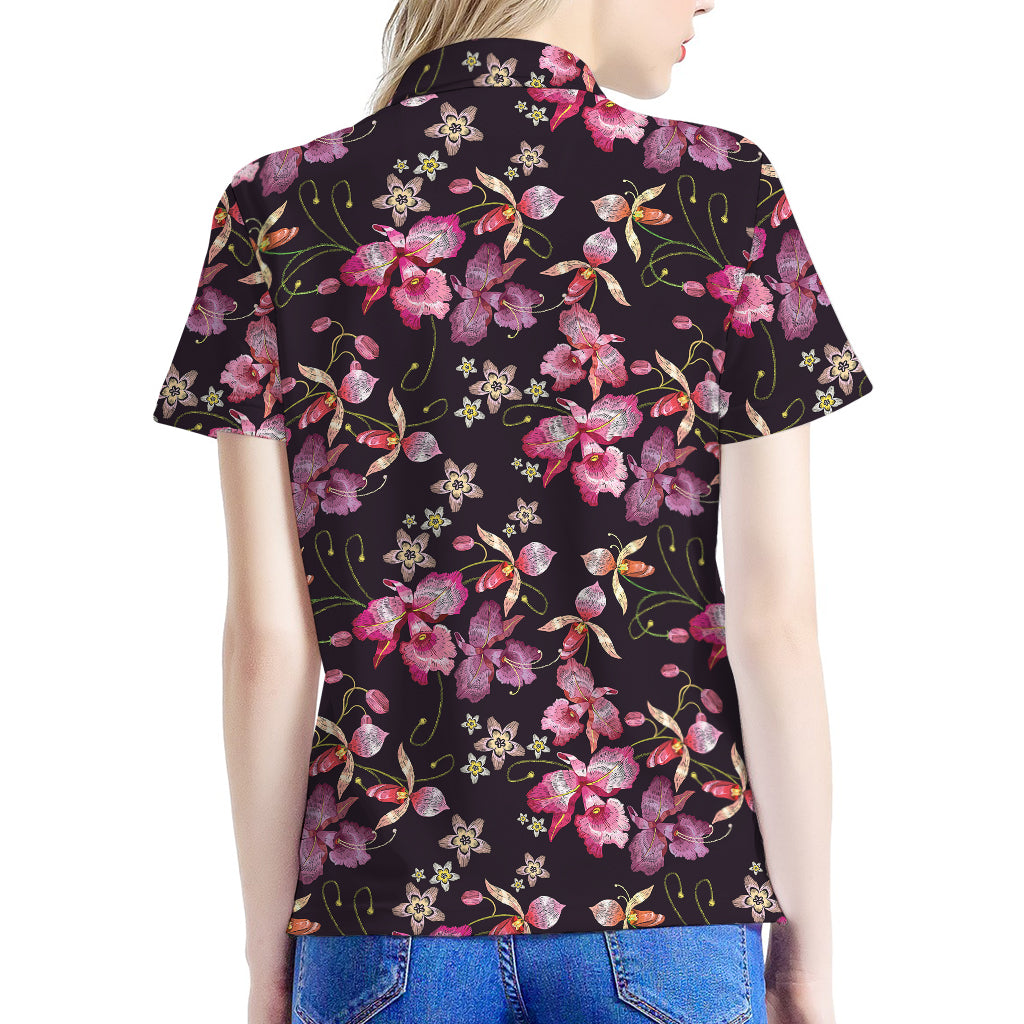 Embroidery Orchid Flower Pattern Print Women's Polo Shirt