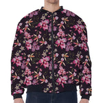 Embroidery Orchid Flower Pattern Print Zip Sleeve Bomber Jacket