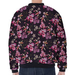 Embroidery Orchid Flower Pattern Print Zip Sleeve Bomber Jacket