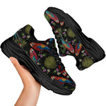 Embroidery Parrot Pattern Print Black Chunky Shoes