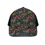 Embroidery Parrot Pattern Print Black Mesh Trucker Cap