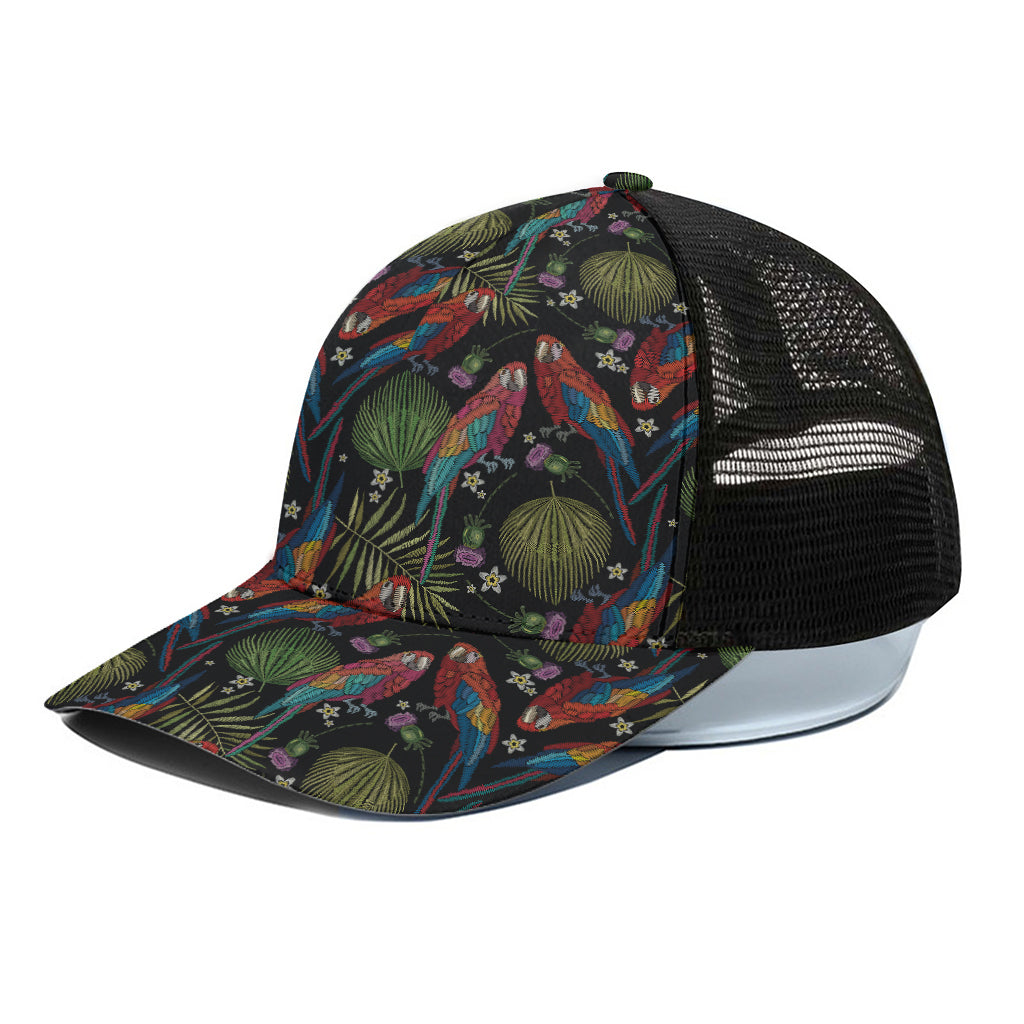 Embroidery Parrot Pattern Print Black Mesh Trucker Cap