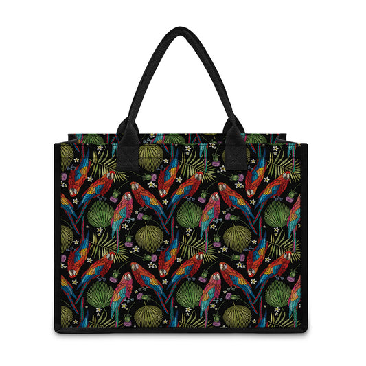 Embroidery Parrot Pattern Print Canvas Tote Bag