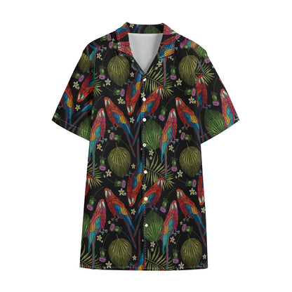 Embroidery Parrot Pattern Print Cotton Hawaiian Shirt