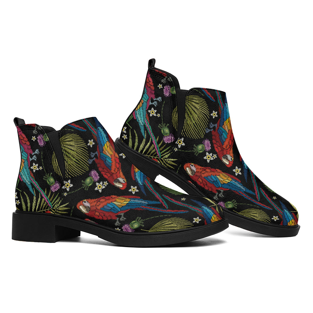 Embroidery Parrot Pattern Print Flat Ankle Boots