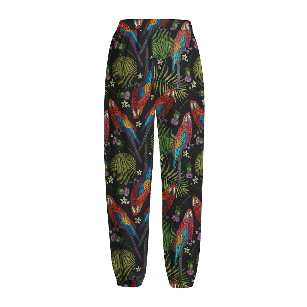 Embroidery Parrot Pattern Print Fleece Lined Knit Pants