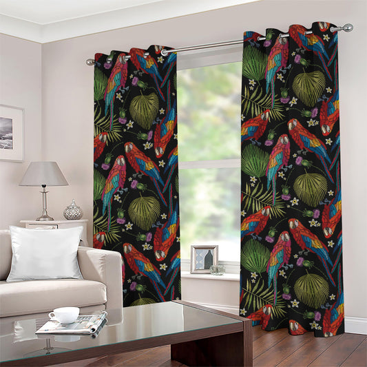 Embroidery Parrot Pattern Print Grommet Curtains