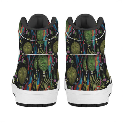 Embroidery Parrot Pattern Print High Top Leather Sneakers