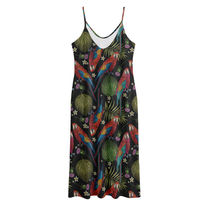 Embroidery Parrot Pattern Print Jersey Midi Cami Dress