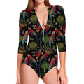 Embroidery Parrot Pattern Print Long Sleeve Swimsuit
