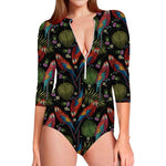 Embroidery Parrot Pattern Print Long Sleeve Swimsuit