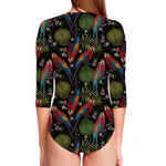 Embroidery Parrot Pattern Print Long Sleeve Swimsuit