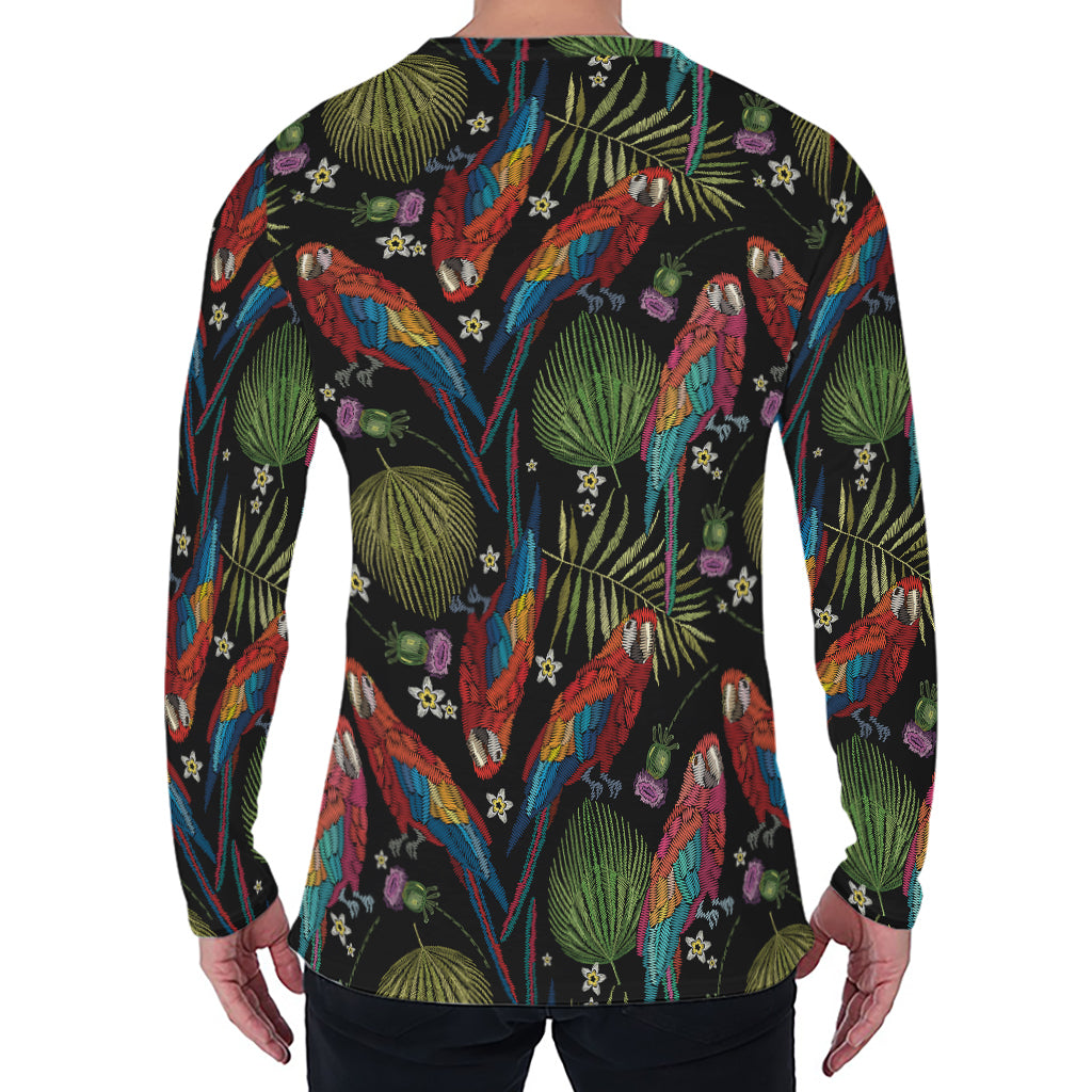 Embroidery Parrot Pattern Print Men's Long Sleeve T-Shirt