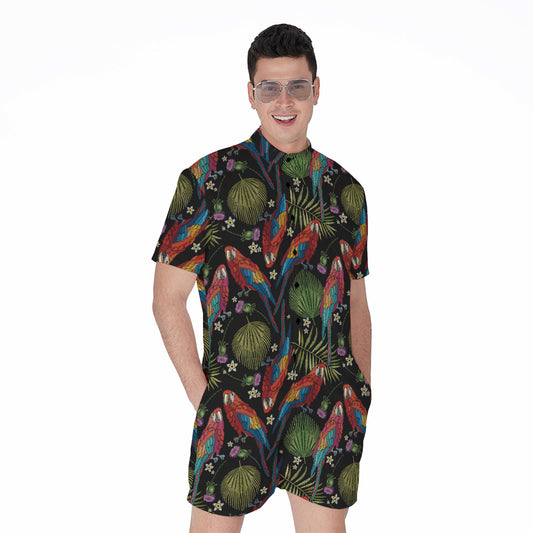 Embroidery Parrot Pattern Print Men's Rompers
