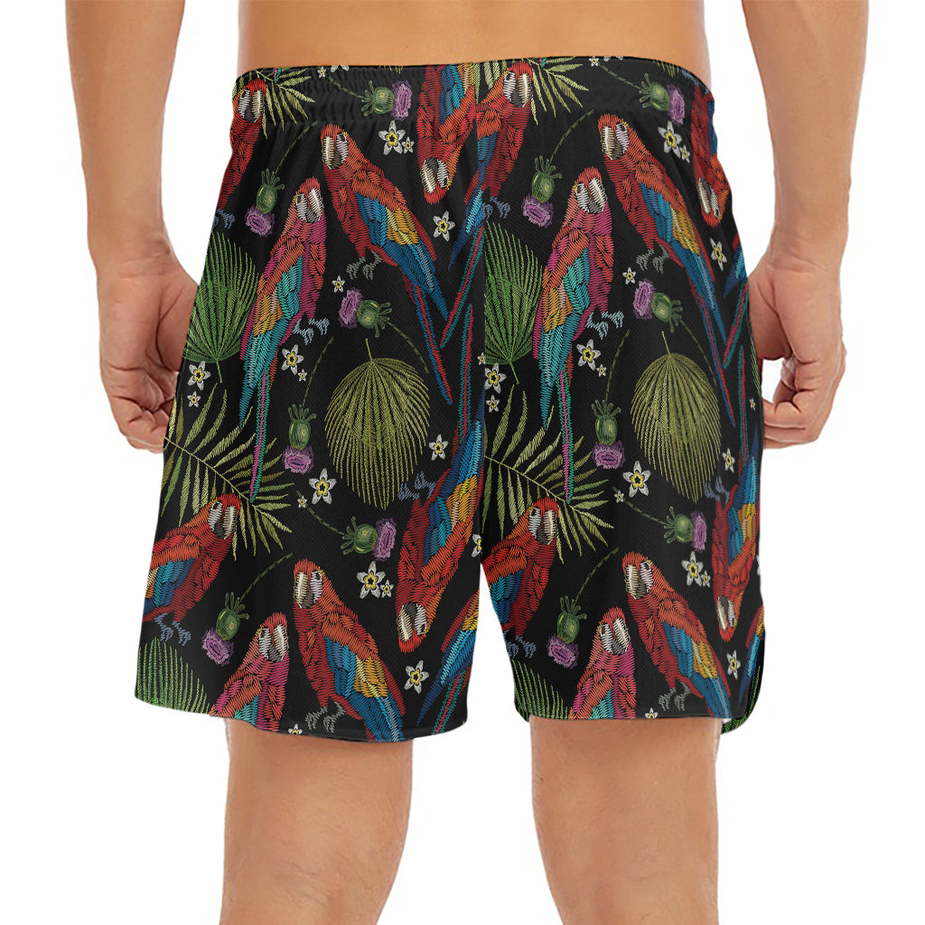 Embroidery Parrot Pattern Print Men's Split Running Shorts