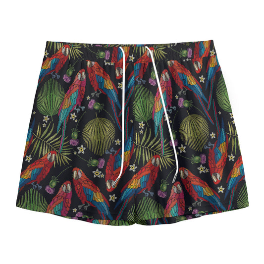 Embroidery Parrot Pattern Print Mesh Shorts