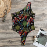 Embroidery Parrot Pattern Print One Shoulder Bodysuit