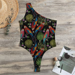 Embroidery Parrot Pattern Print One Shoulder Bodysuit