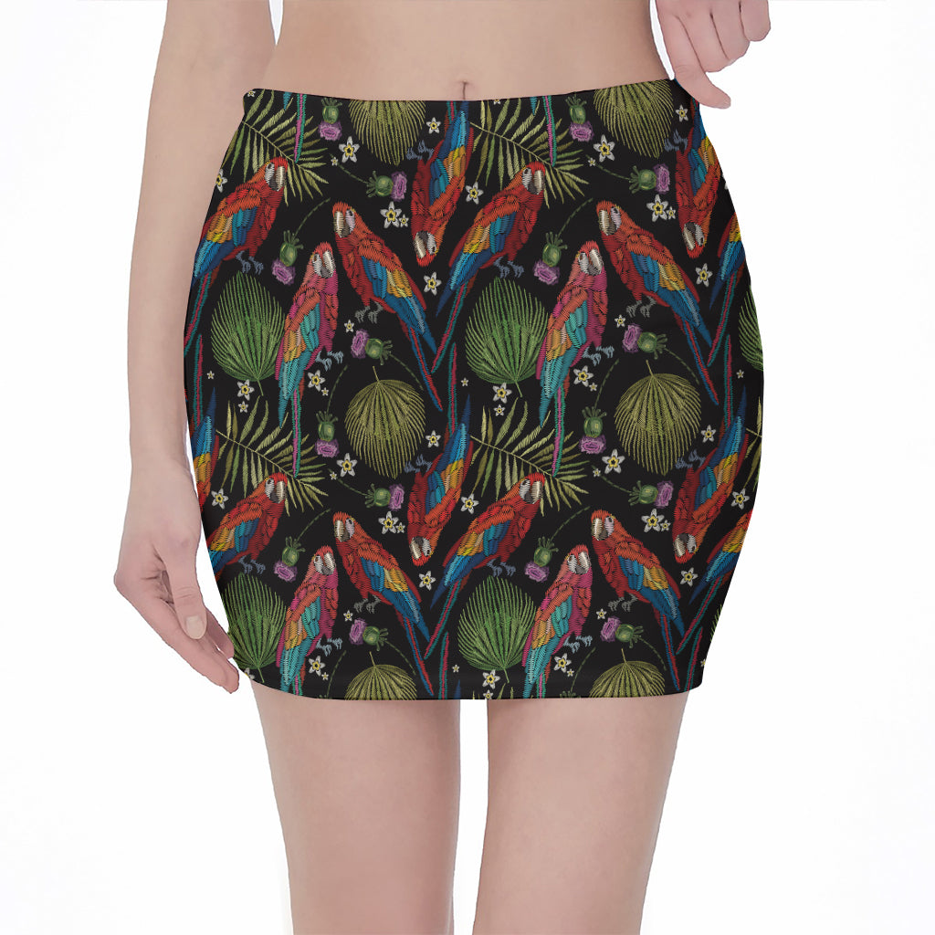 Embroidery Parrot Pattern Print Pencil Mini Skirt