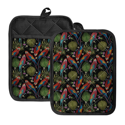 Embroidery Parrot Pattern Print Pot Holders With Pocket