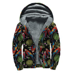 Embroidery Parrot Pattern Print Sherpa Lined Zip Up Hoodie