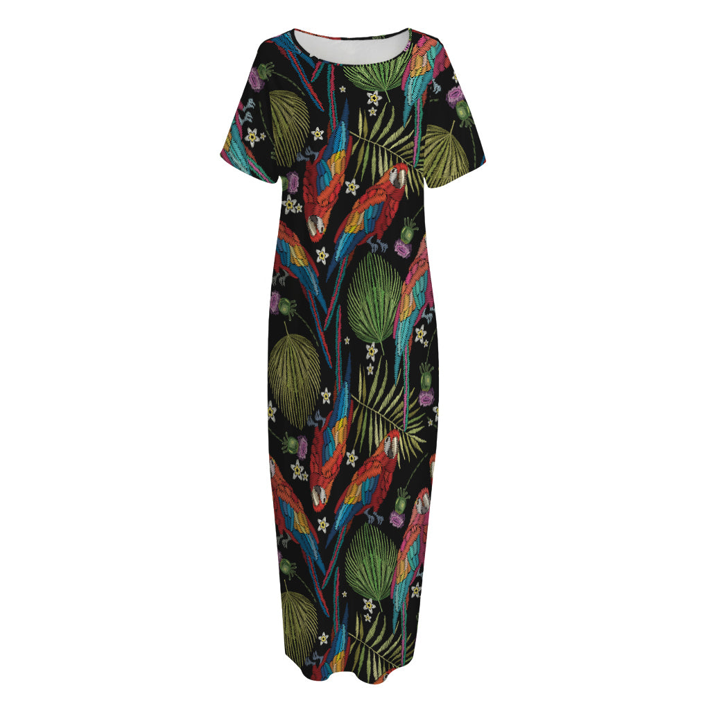 Embroidery Parrot Pattern Print Short Sleeve Long Nightdress