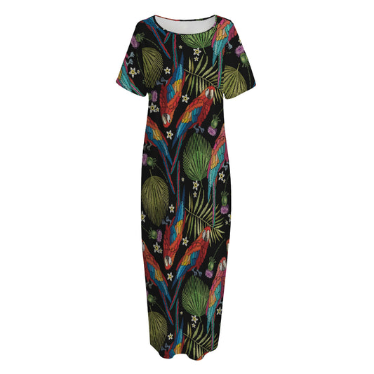 Embroidery Parrot Pattern Print Short Sleeve Long Nightdress