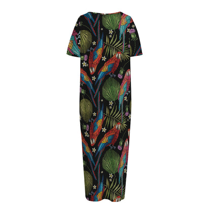 Embroidery Parrot Pattern Print Short Sleeve Long Nightdress