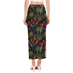 Embroidery Parrot Pattern Print Side Slit Maxi Skirt