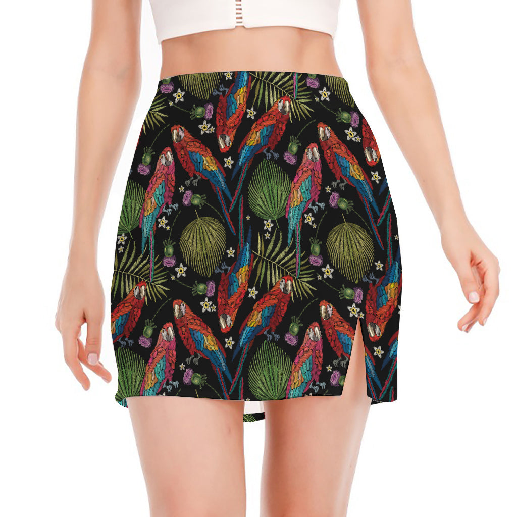 Embroidery Parrot Pattern Print Side Slit Mini Skirt
