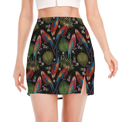 Embroidery Parrot Pattern Print Side Slit Mini Skirt