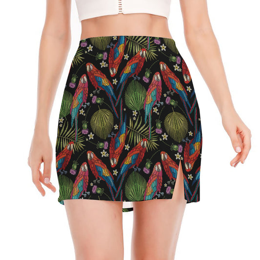 Embroidery Parrot Pattern Print Side Slit Mini Skirt