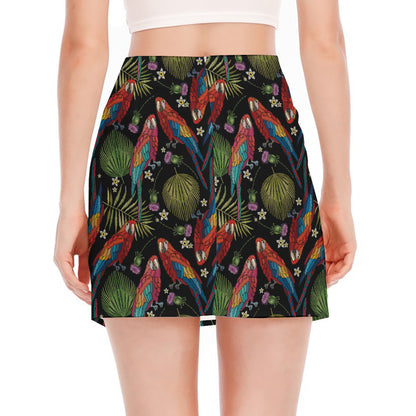Embroidery Parrot Pattern Print Side Slit Mini Skirt