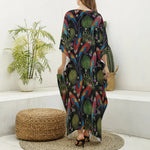 Embroidery Parrot Pattern Print Silk V-Neck Kaftan Dress