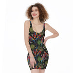 Embroidery Parrot Pattern Print Sleeveless Bodycon Dress