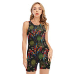 Embroidery Parrot Pattern Print Sleeveless One Piece Swimsuit